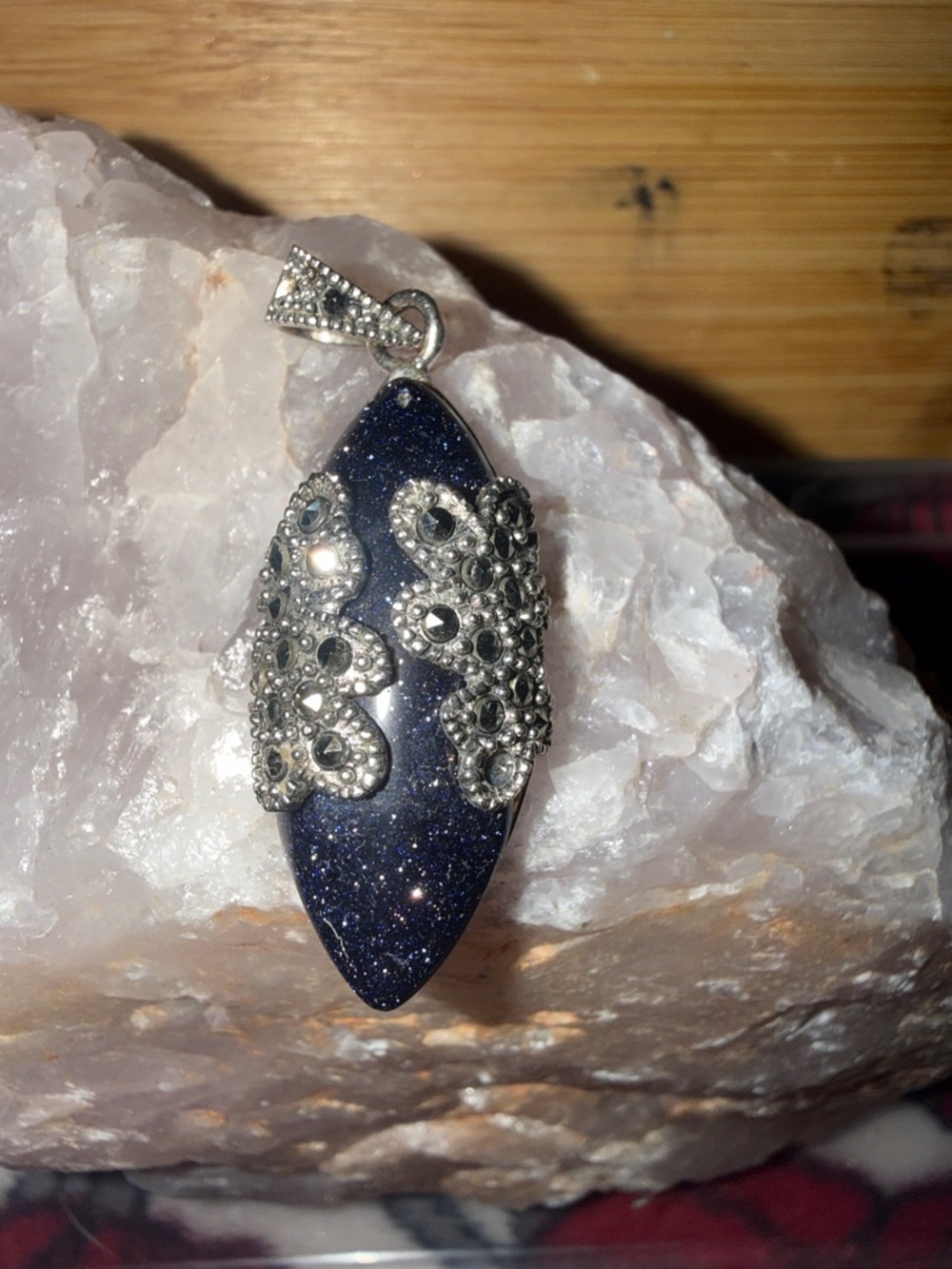 Vintage Sterling Silver Marcasite Blue Goldstone Pendant